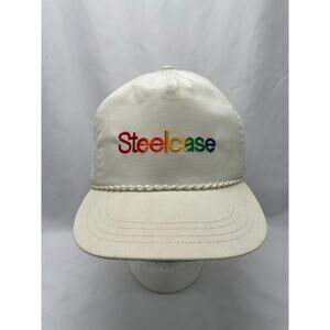 Vintage Steelcase Hat Cap Strap Back White Rope USA Rainbow Logo 90's